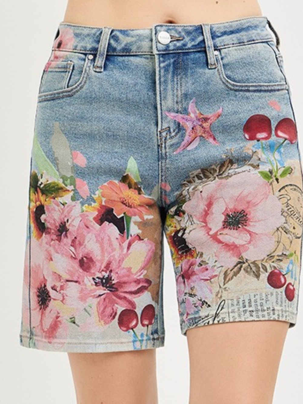 Floral Print Denim Jean Shorts - Pink Blue - Picture 4 of 5